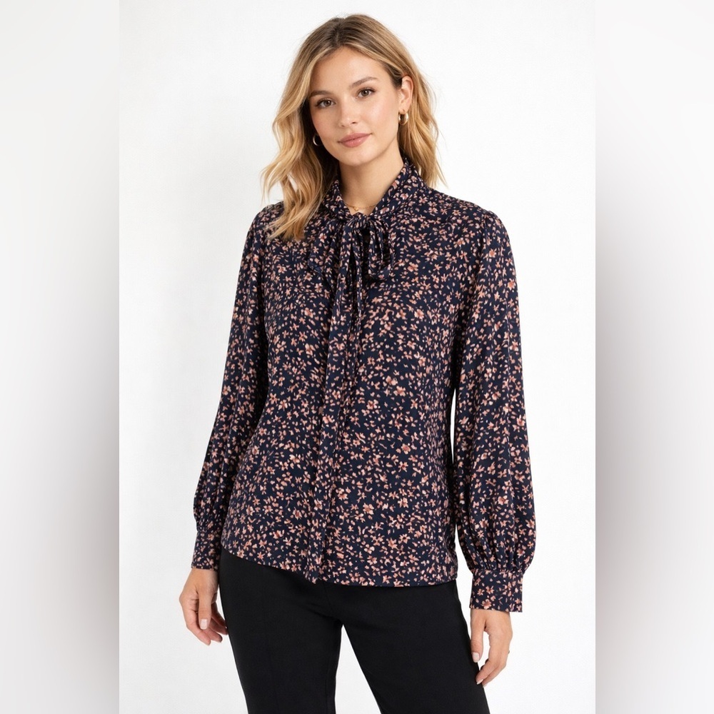 Anthropologie Mirth Navy Floral Cotton Long Sleeve Boho Blouse Top Size M Office